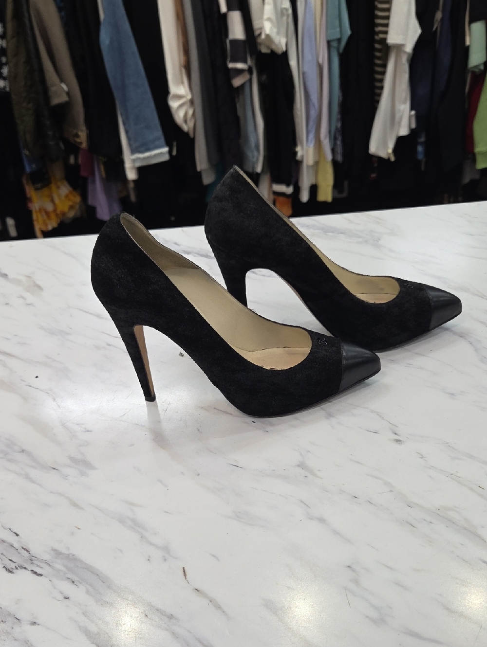 CHANEL Black Suede and Patent Cap Toe Stiletto Pumps